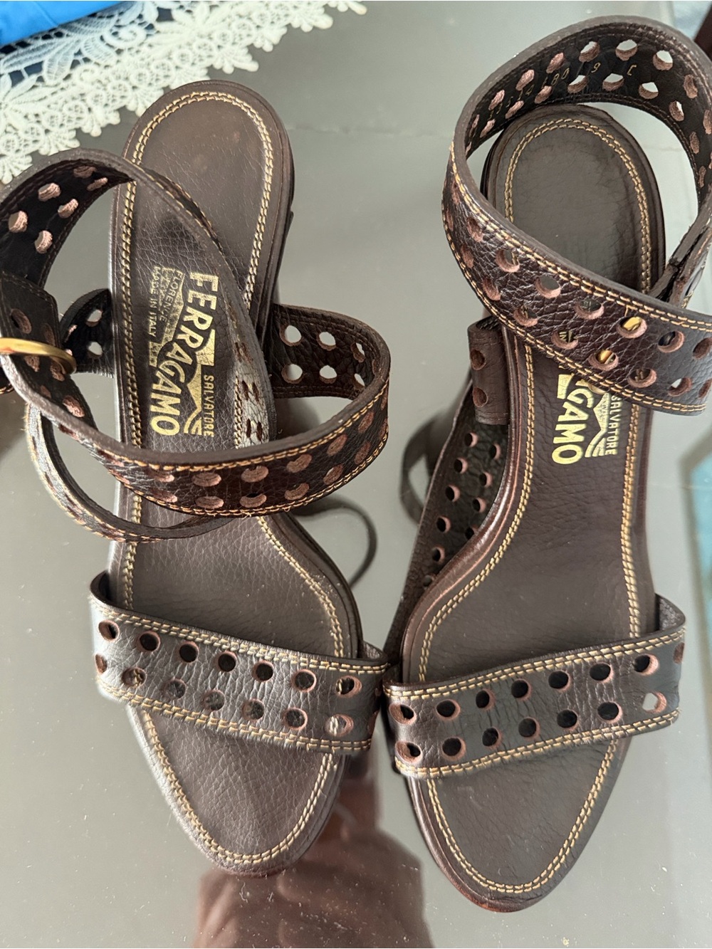 Salvatore Ferragamo Brown Perforated Leather Ankle Wrap Sandals 9 (10.1 inches)